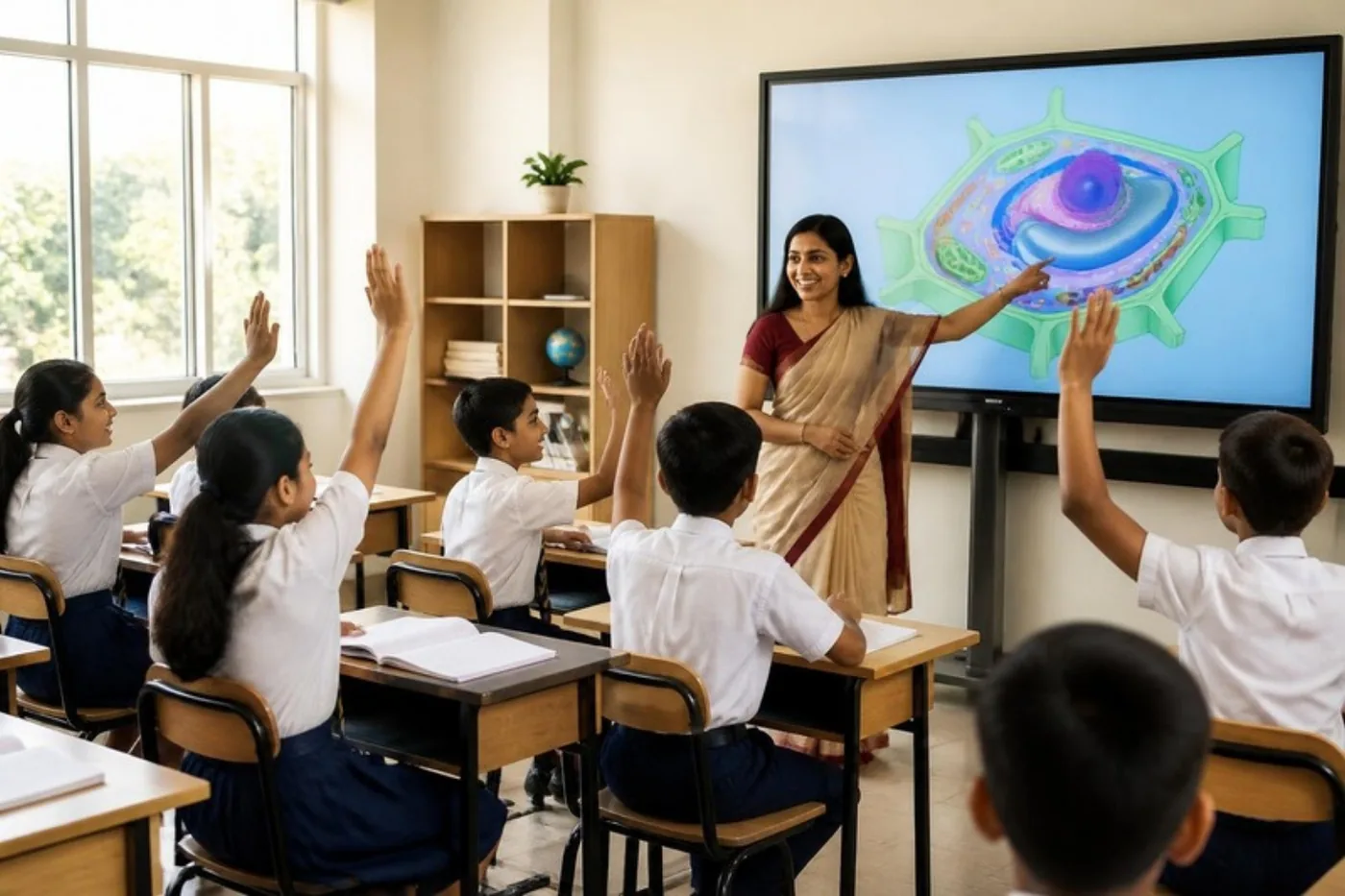 Primary students raising their hands in a smart classroom